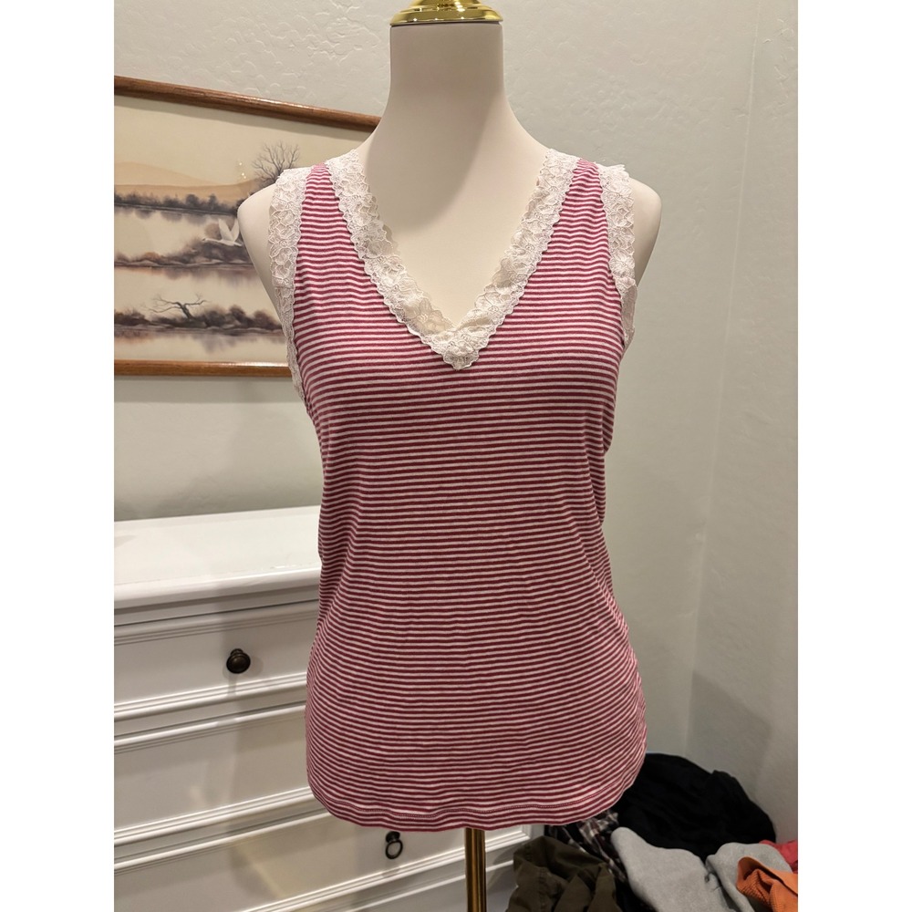 preppy Gap Striped Lace Tank Top Red White V-Neck Sleeveless Cotton Modal Blend